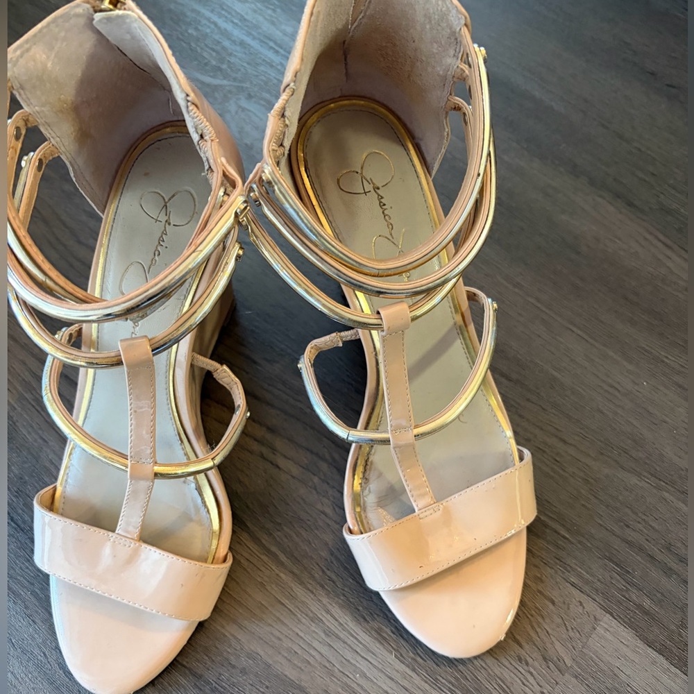 Jessica Simpson Tan Patent T-Strap Heels with Gold Accents